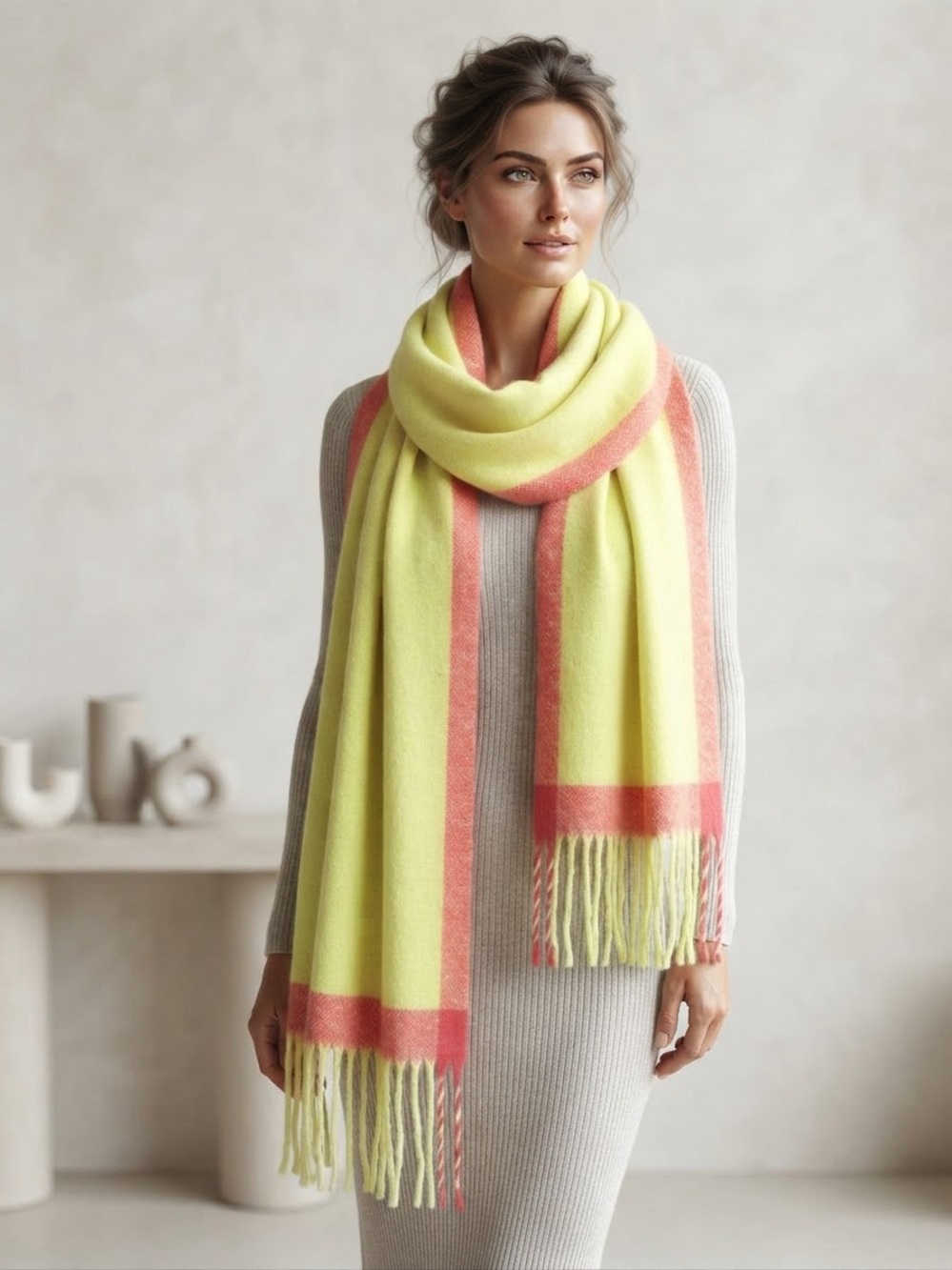 NWT Anthropologie Neon Yellow Colorblock Fringe Wrap Scarf Pink Coral Blanket